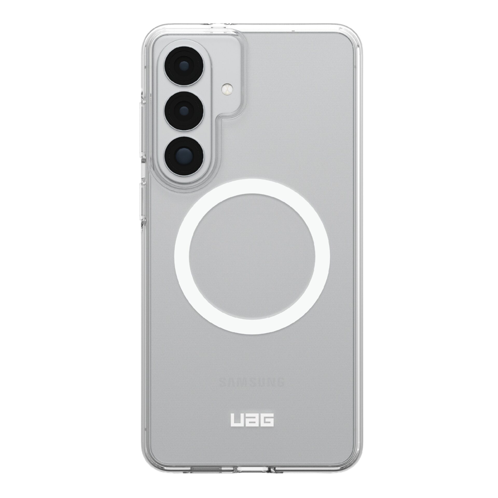 Leaked render of the Samsung Galaxy S26 (white) in a UAG Qi2-compatible case. The phone shows a new oval camera housing with three vertical rear cameras and a circular Qi2 charging ring (center). This case design confirms a slimmer profile and the use of Samsung’s Qi2 magnetic charging standard.